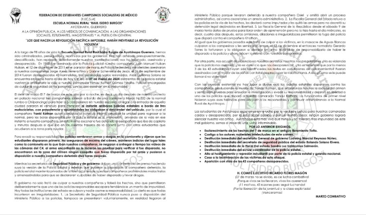 Postura de la F.E.C.S. por el asesinato del normalista Yanqui&nbsp;Khotan