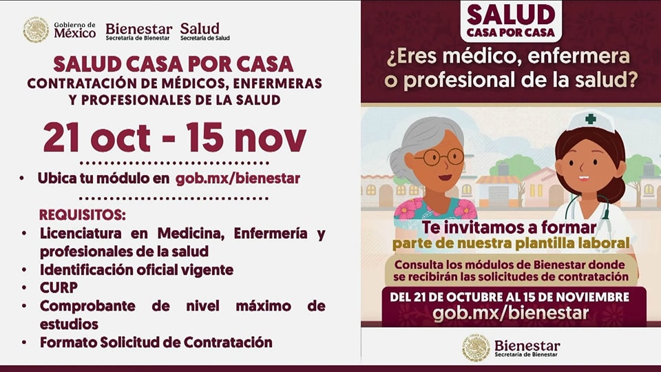 INICIA CONTRATACIÓN DE MÉDICOS Y ENFERMERAS PARA EL PROGRAMA DE SALUD CASA POR&nbsp;CASA