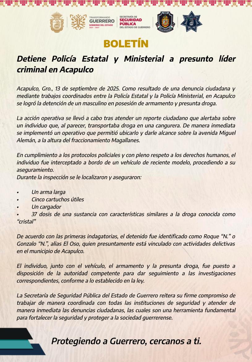 Detiene Policía Estatal y Ministerial a presunto líder criminal en&nbsp;Acapulco