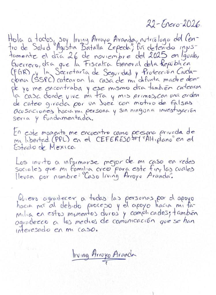 Difunden carta de Irving Arroyo Aranda, detenido en el marco del caso&nbsp;Ayotzinapa
